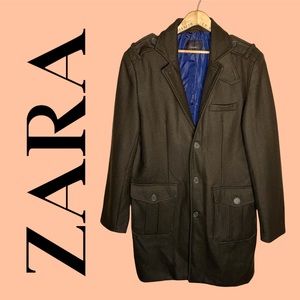 Zara - Men’s Military Style Pea Coat - Wool Blend - Army Green - Size Large